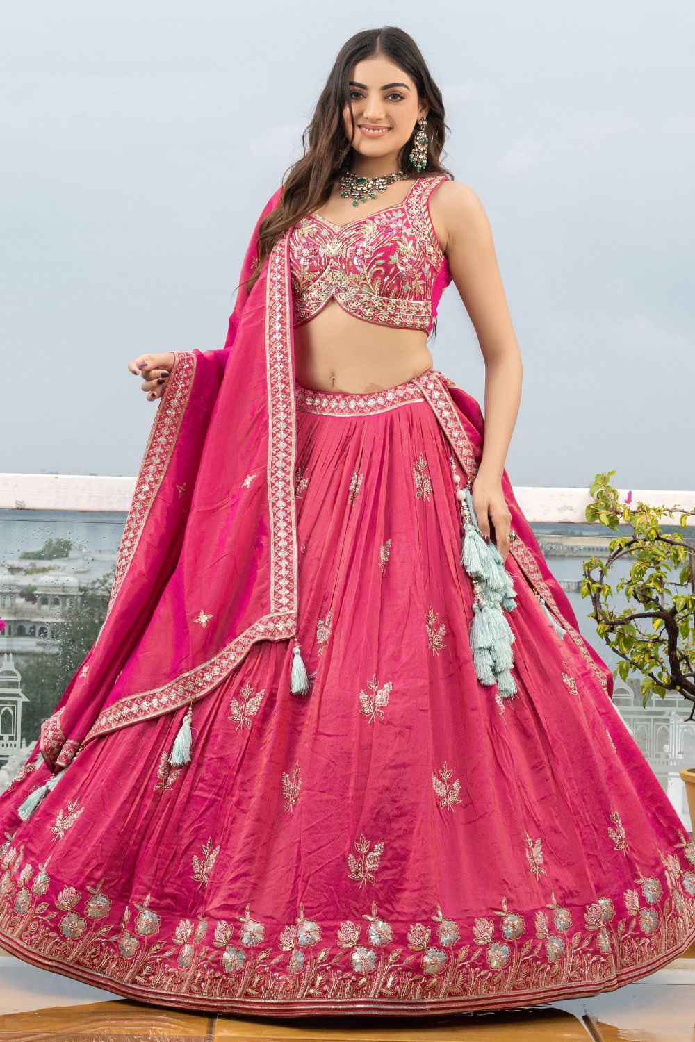 PINK TISSUE LEHENGA CHOLI WITH MIROR AND CUTDANA WORK