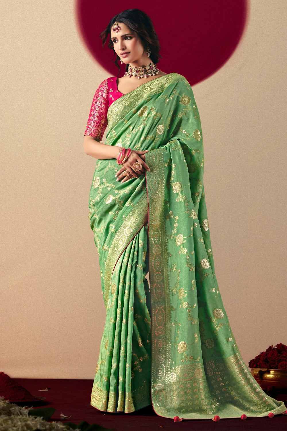 PISTA GREEN SILK SAREE WITH WEAVING