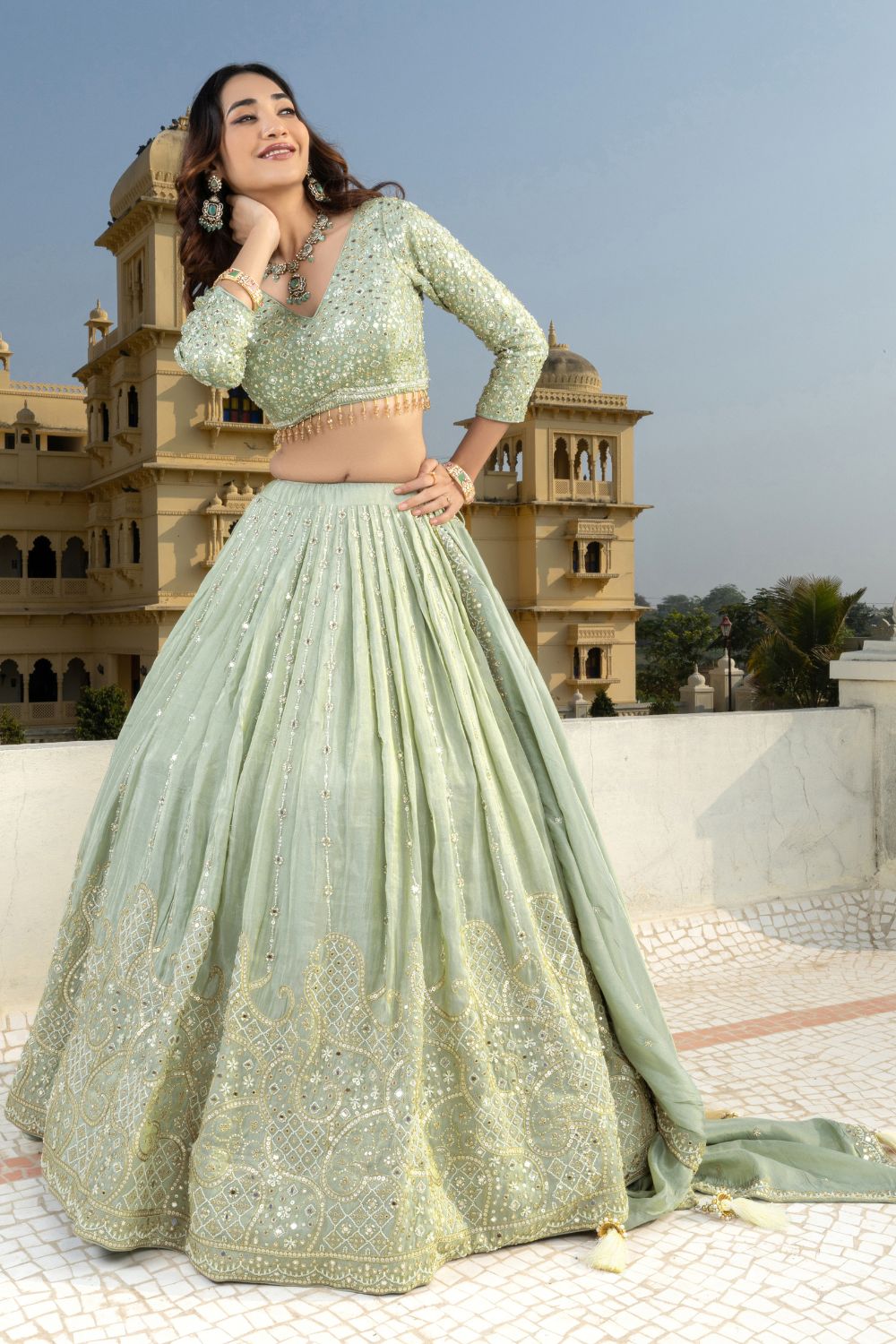 PISTA GREEN TISSUE LEHENGA CHOLI WITH MIRROR AND SEQUINS WORK