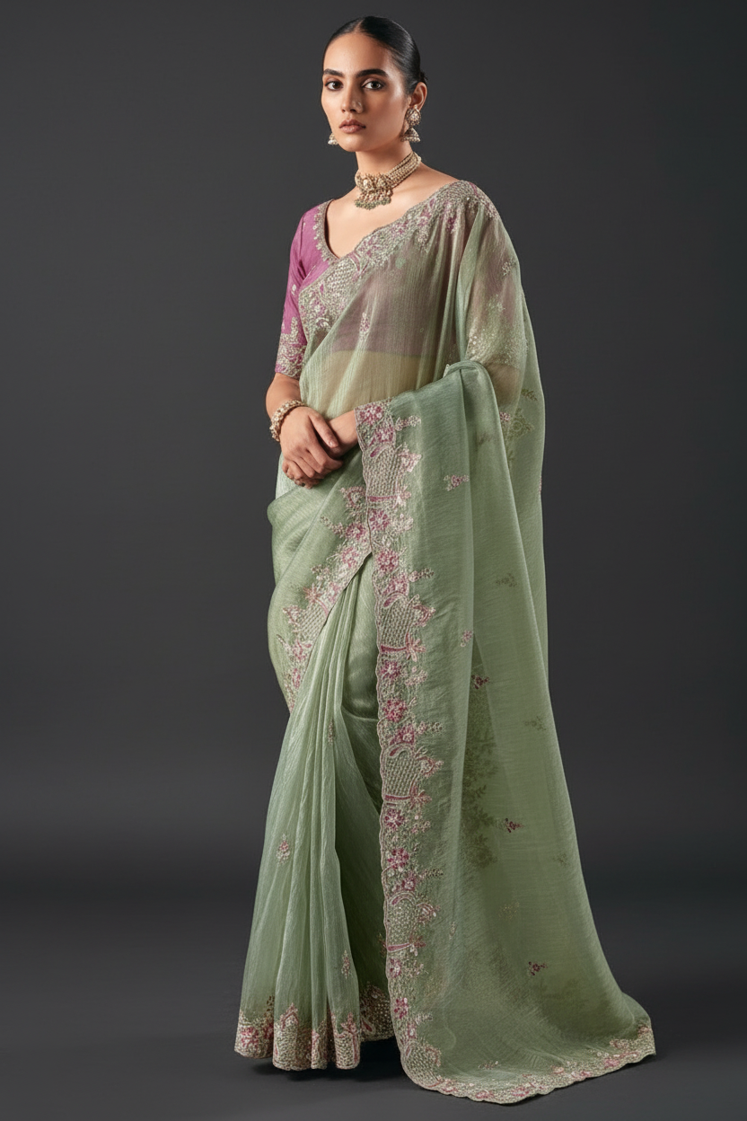 PISTA GREEN TISSUE SAREE WITH RESHAM EMBROIDERY AND MOTI