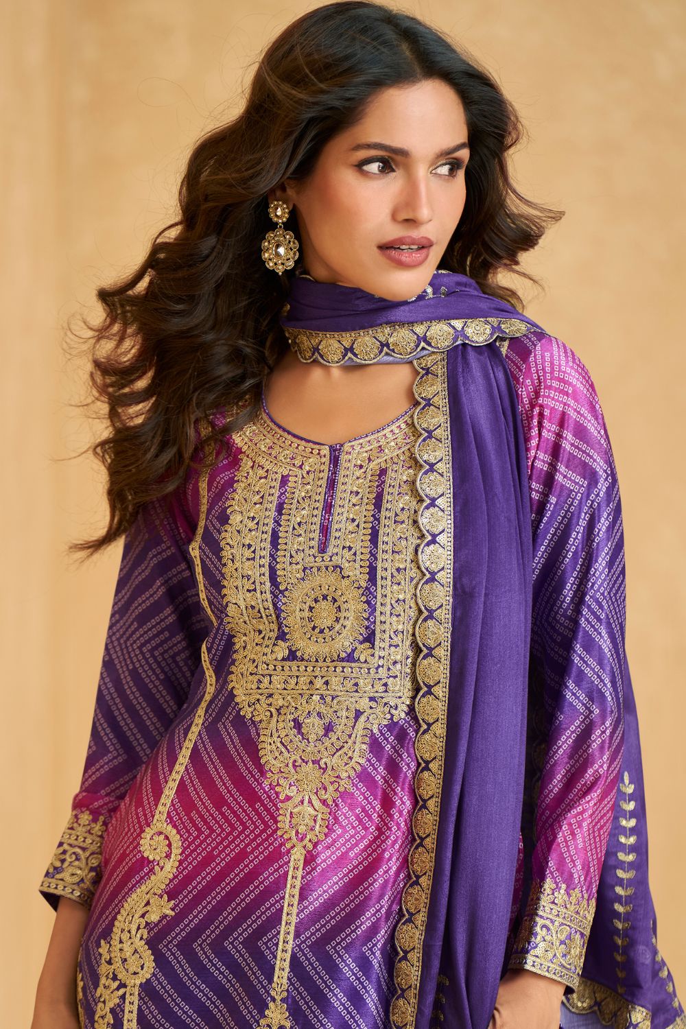PURPLE AND PINK CHINON PALAZZO SET WITH SEQUINS AND EMBROIDERY
