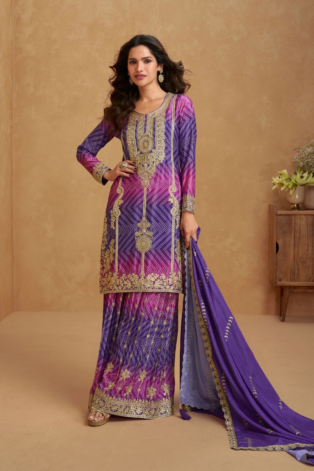 PURPLE AND PINK CHINON PALAZZO SET WITH SEQUINS AND EMBROIDERY