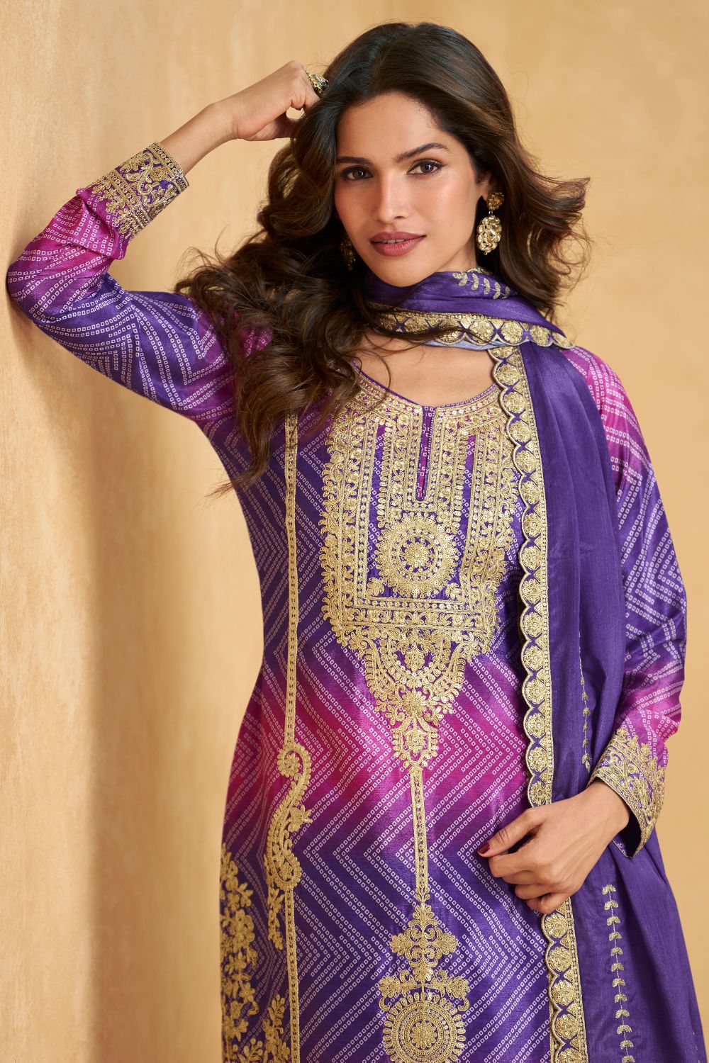 PURPLE AND PINK CHINON PALAZZO SET WITH SEQUINS AND EMBROIDERY