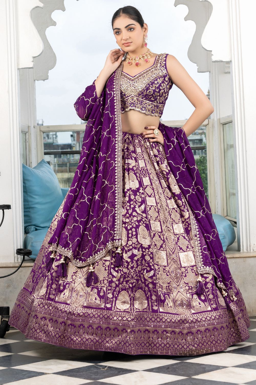 PURPLE BANARSI SILK LEHENGA CHOLI WITH WEAVING AND CUTDANA WORK RCCAA1220