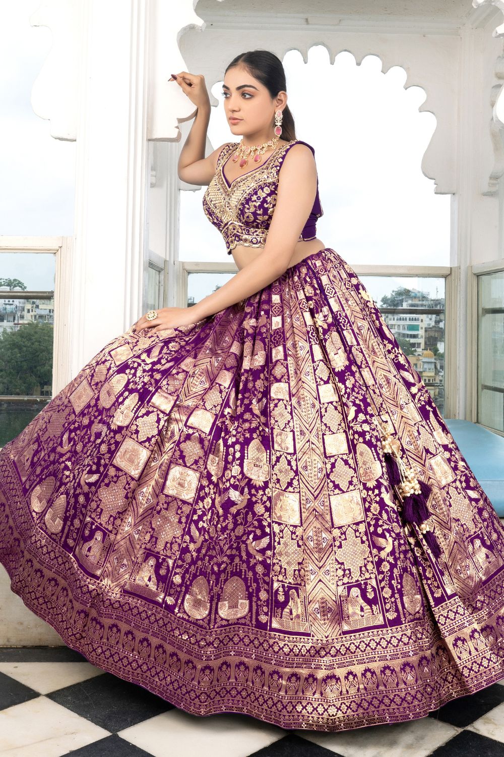 PURPLE BANARSI SILK LEHENGA CHOLI WITH WEAVING AND CUTDANA WORK RCCAA1220
