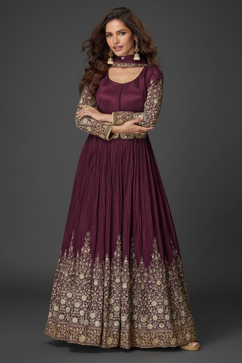 WINE CHINON SILK ANARKALI SUIT