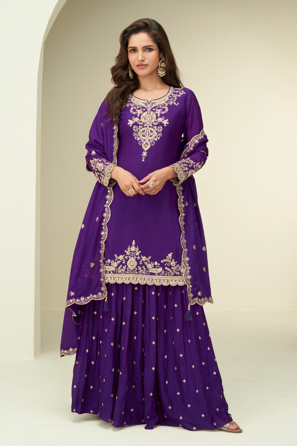 PURPLE CHINON SILK PALAZZO SUIT WITH SEQUINS AND EMBROIDERY