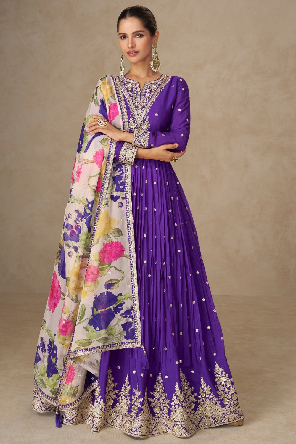 PURPLE CHINON ANARKALI SUIT WITH EMBROIDERY