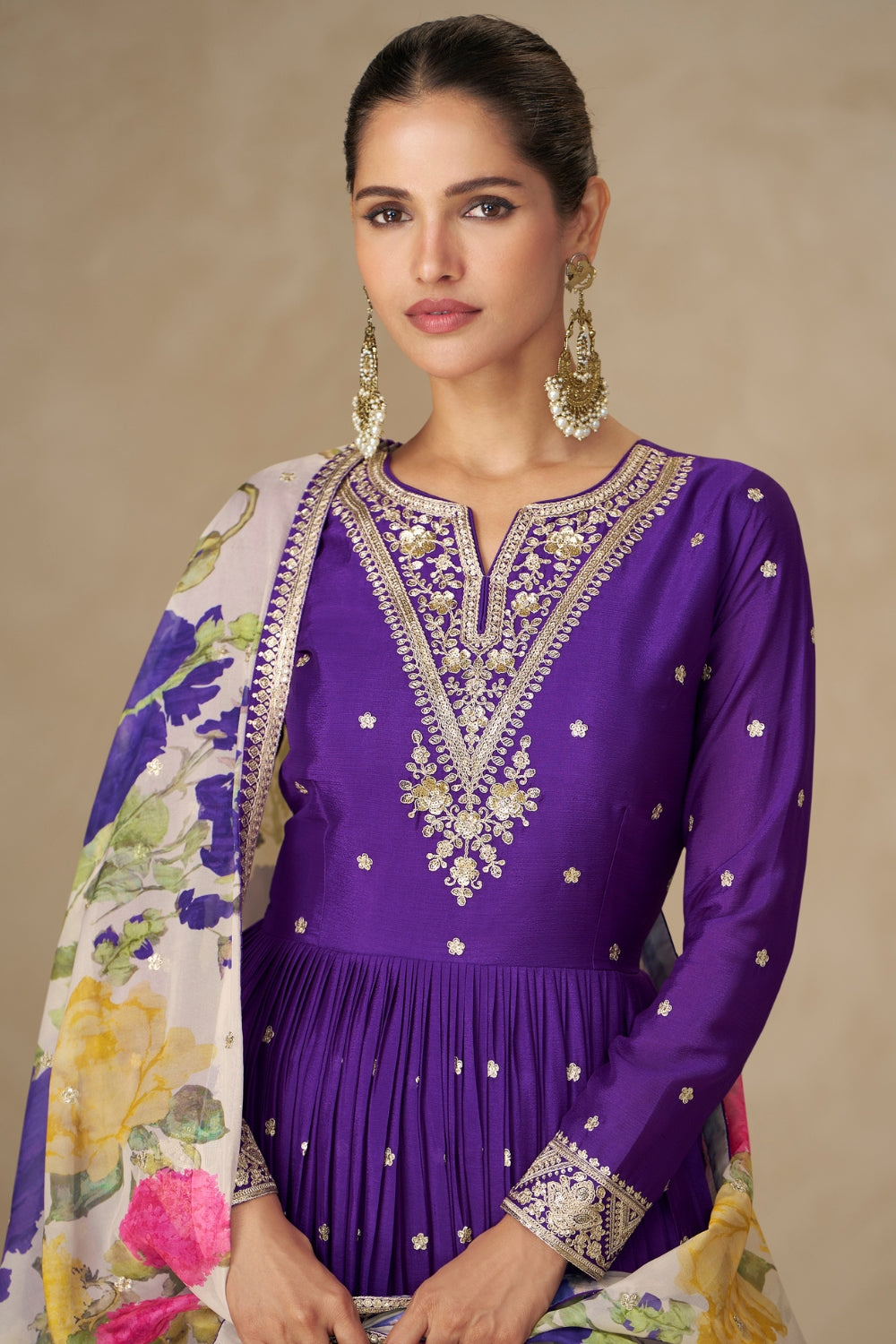 PURPLE CHINON ANARKALI SUIT WITH EMBROIDERY