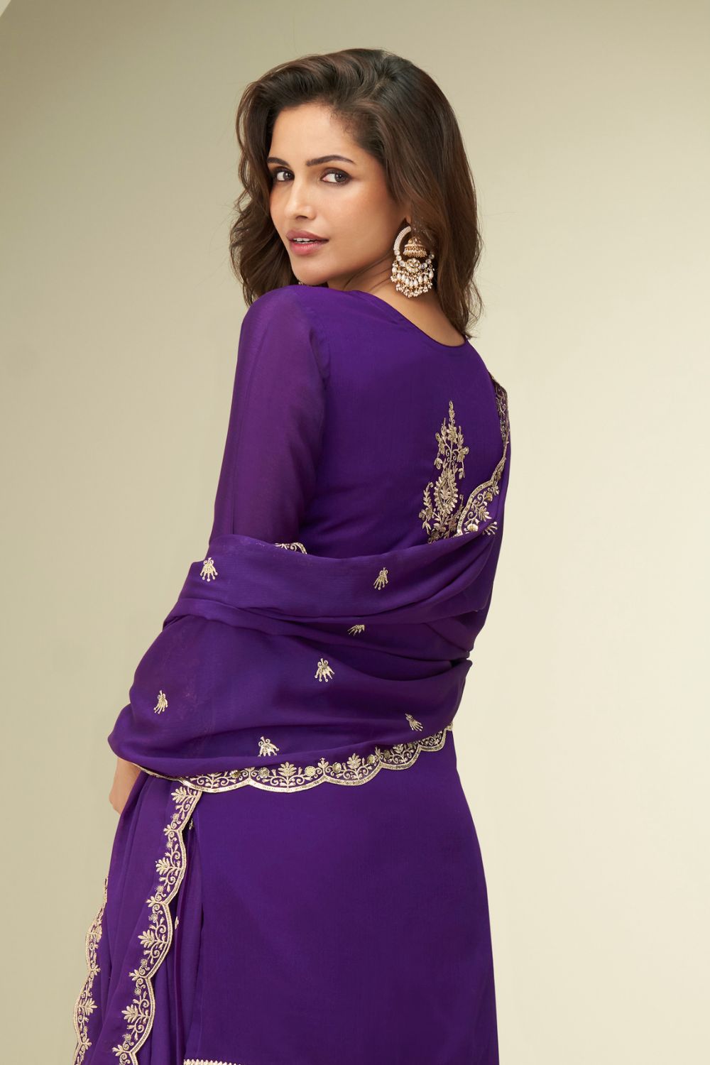 PURPLE CHINON SILK PALAZZO SUIT WITH SEQUINS AND EMBROIDERY