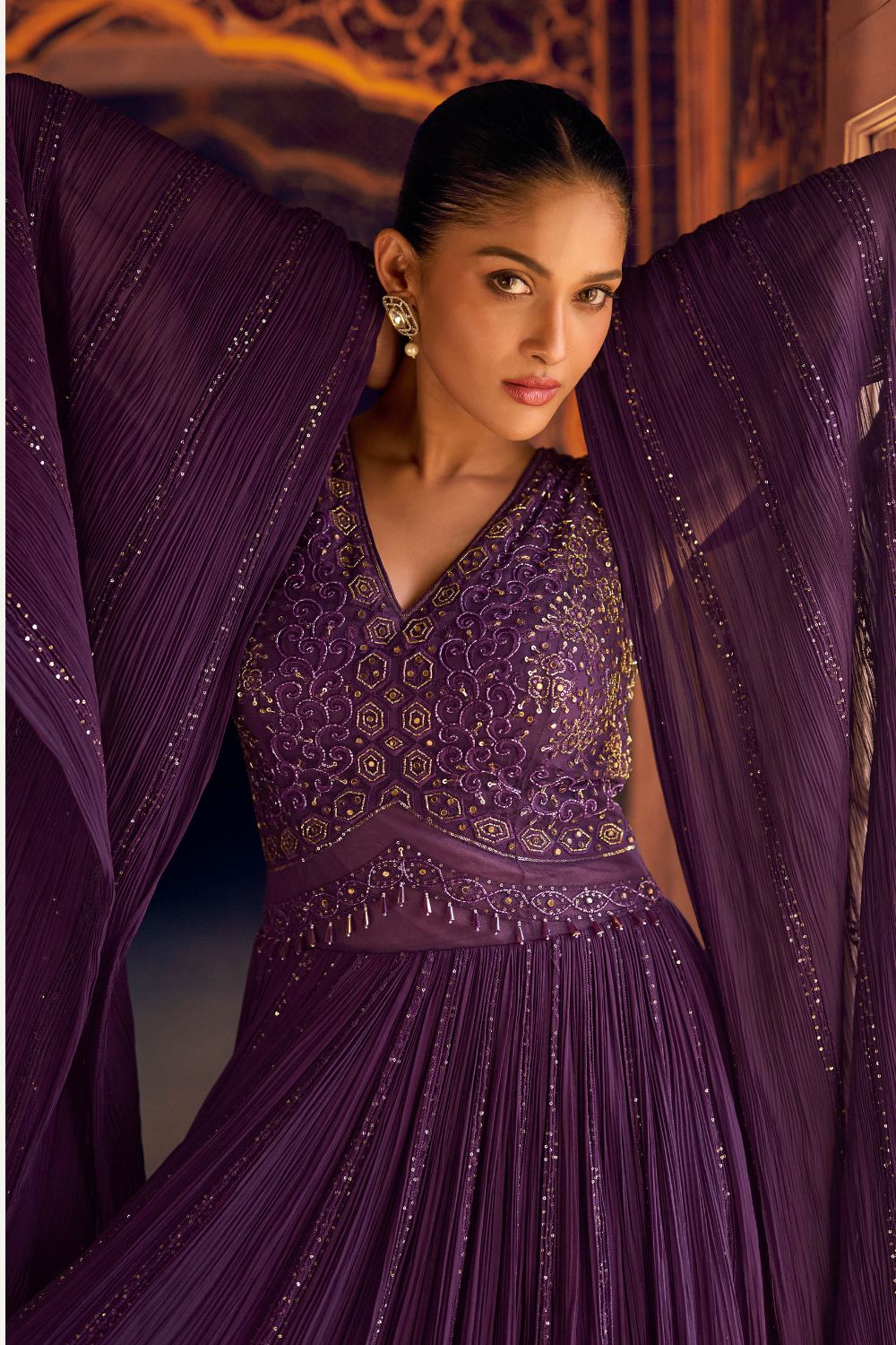PURPLE GEORGETTE ANARKALI SUIT WITH CUTDANA AND EMBROIDERY WORK