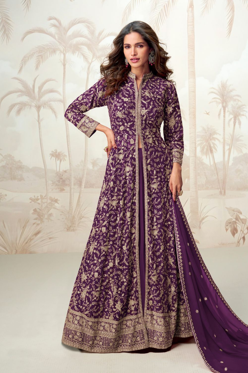 PURPLE GEORGETTE INDO-WESTERN WITH EMBROIDERY AND SEQUINS WORK