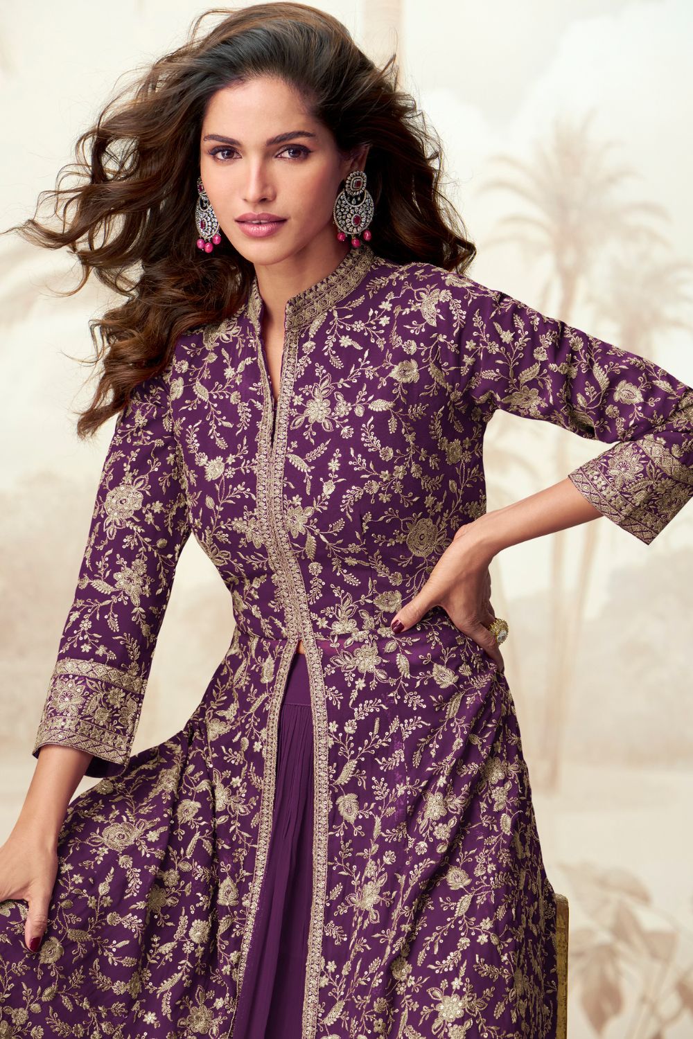 PURPLE GEORGETTE INDO-WESTERN WITH EMBROIDERY AND SEQUINS WORK