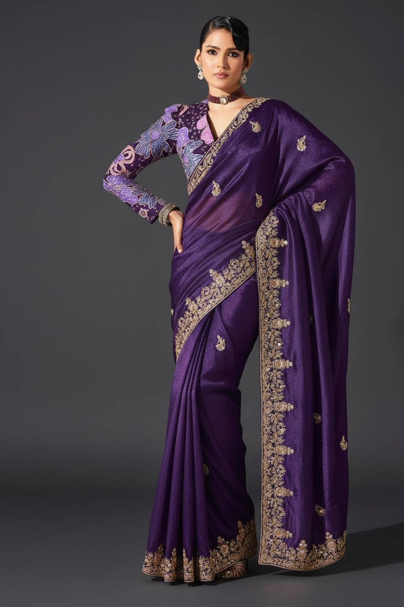 PURPLE SAREE WITH SEQUINS AND EMBROIDERY