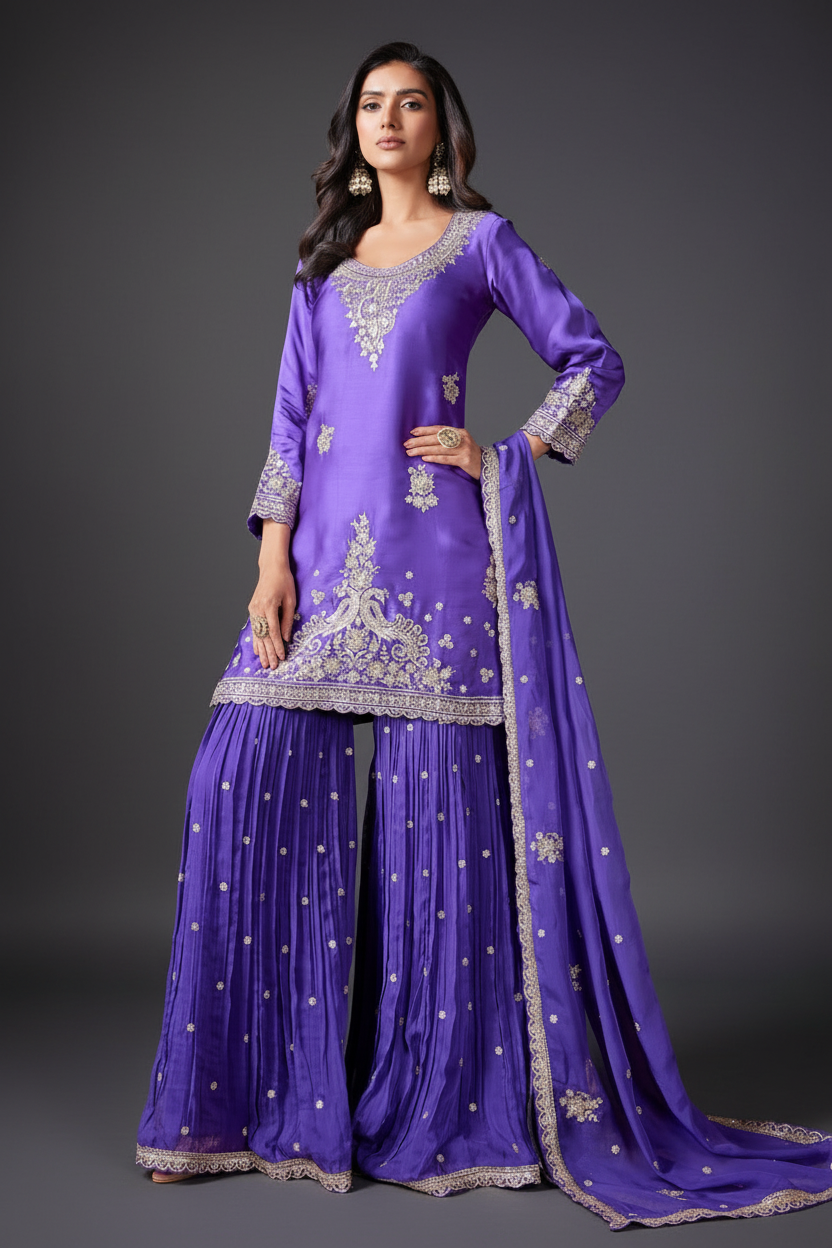 SATIN SILK PALAZZO SUIT WITH EMBROIDERY AND SEQUINS