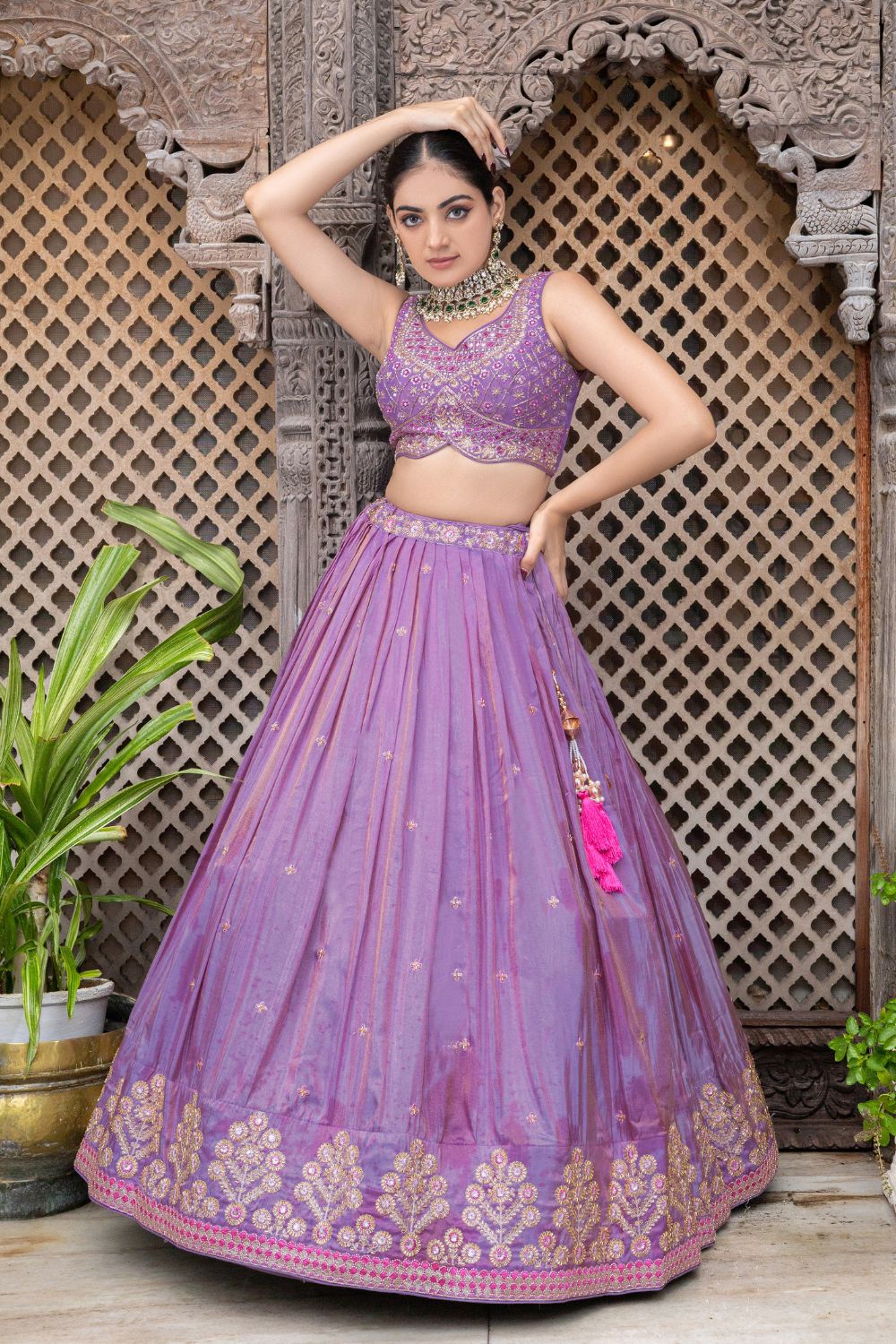 PURPLE TISSUE LEHENGA CHOLI WITH CUTDANA AND SEQUINS WORK