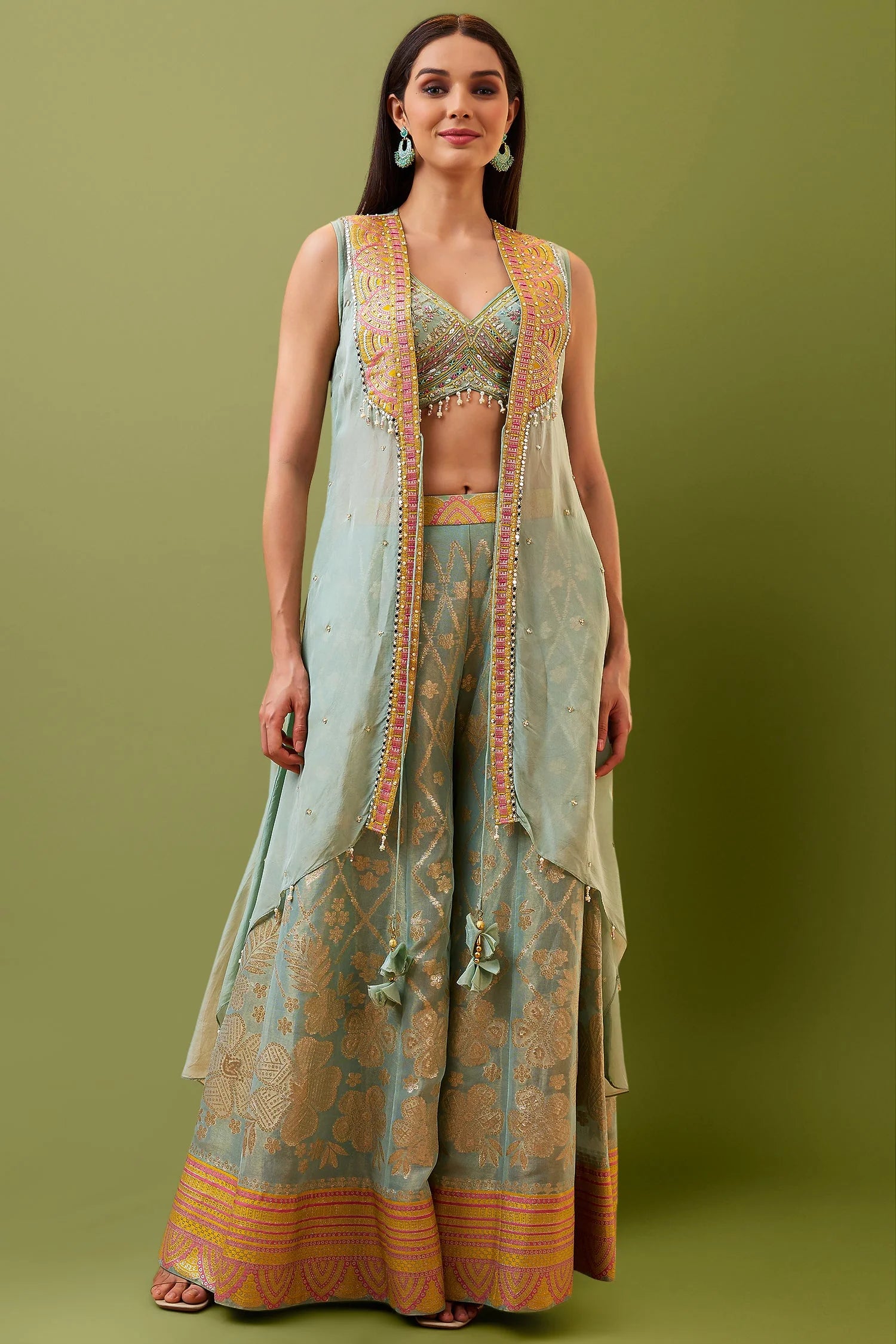 Mint Green Tissue Jacquard Sequin Beaded Crop Top Palazzo with Long Shrug