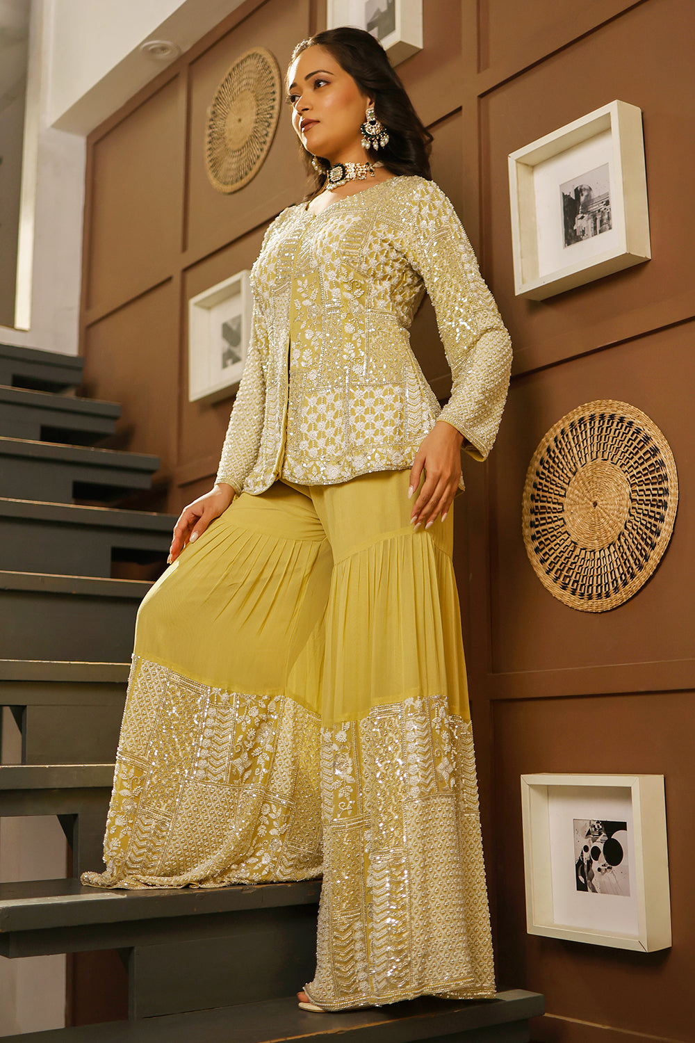 Pastel lime peplum sharara set adorned with intricate ivory sequin patchwork embroidery.