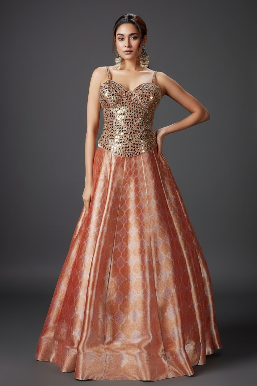 Peach Banarasi Silk Lehenga Set with Mirror and Thread Work