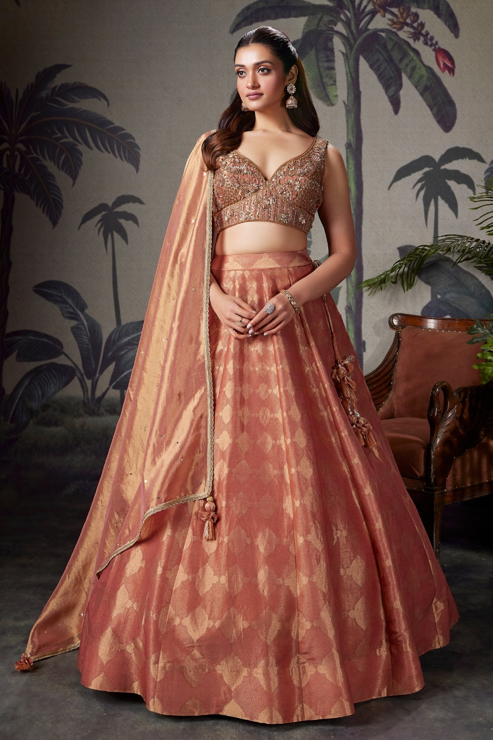 Peach Banarasi Silk Lehenga Set with Resham Embroidery and Cutdana