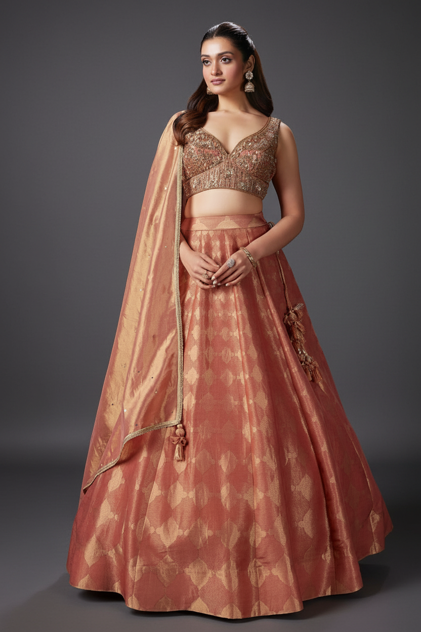 Peach Banarasi Silk Lehenga Set with Resham Embroidery and Cutdana
