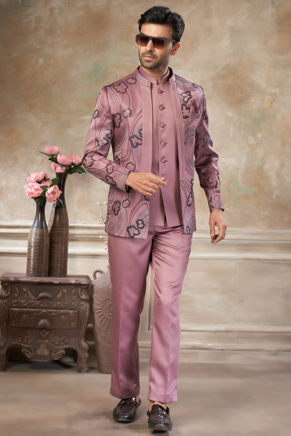 Peach Imported Jodhpuri Set with Embroidery and Sequins Work