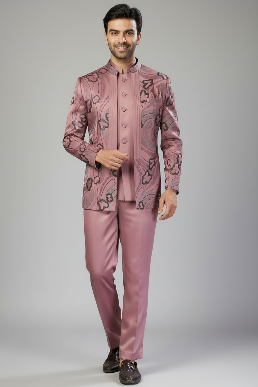 Peach Imported Jodhpuri Set with Embroidery and Sequins Work