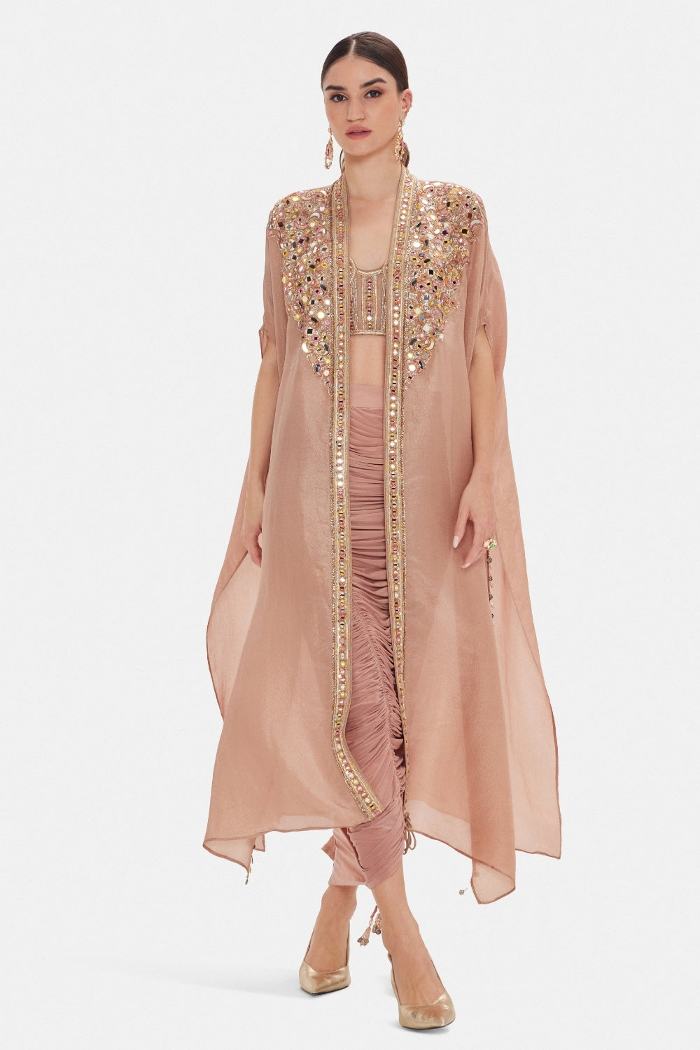 Peach Tissue Indo Western with Mirror and Thread Work