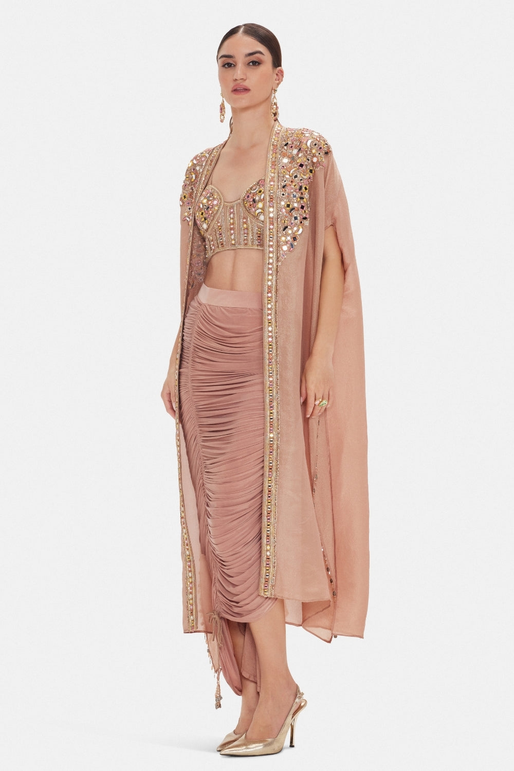 Peach Tissue Indo Western with Mirror and Thread Work