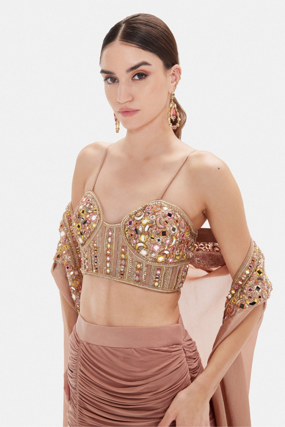 Peach Tissue Indo Western with Mirror and Thread Work