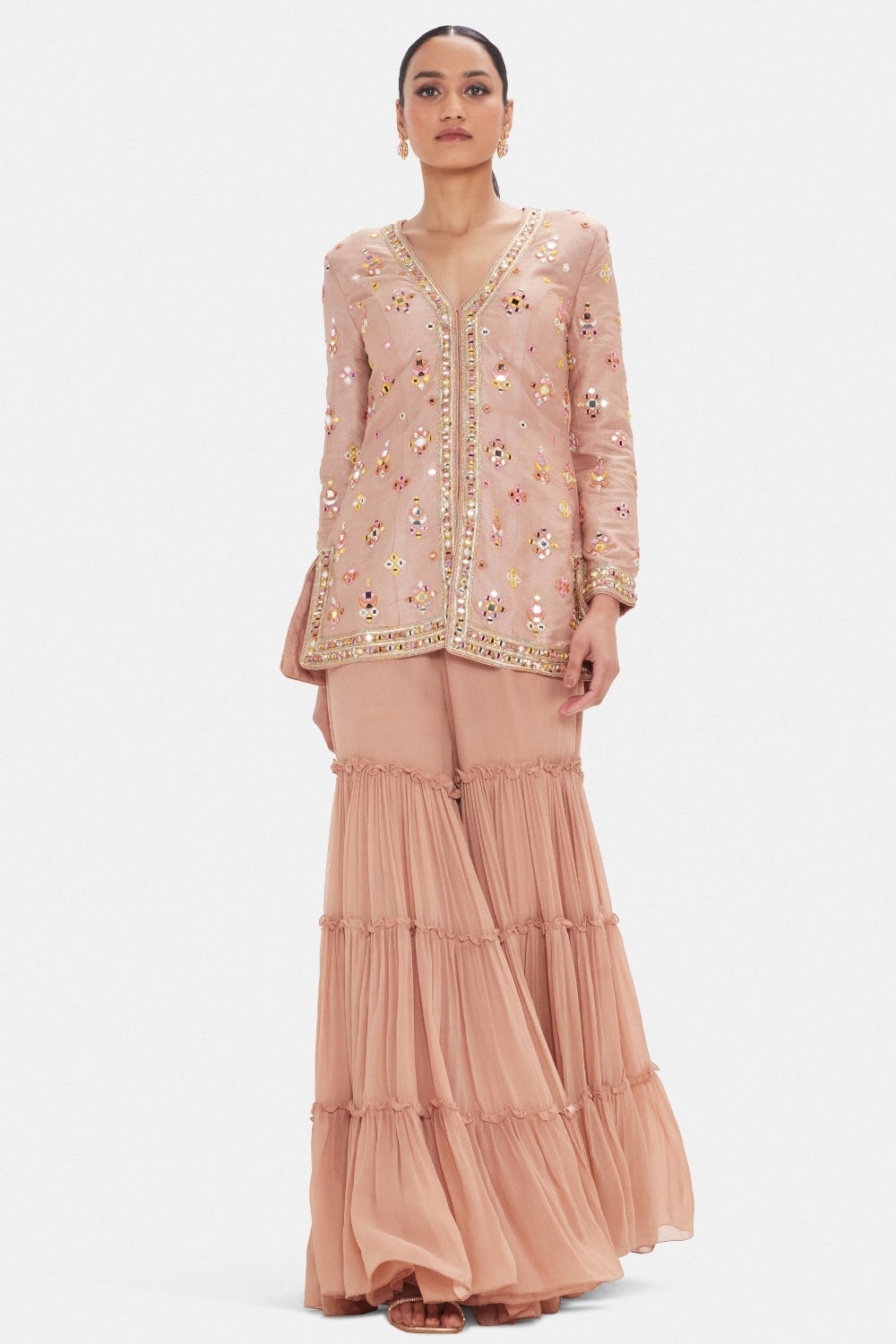 Peach Tissue Sharara Set with Cutdana and Mirror Work