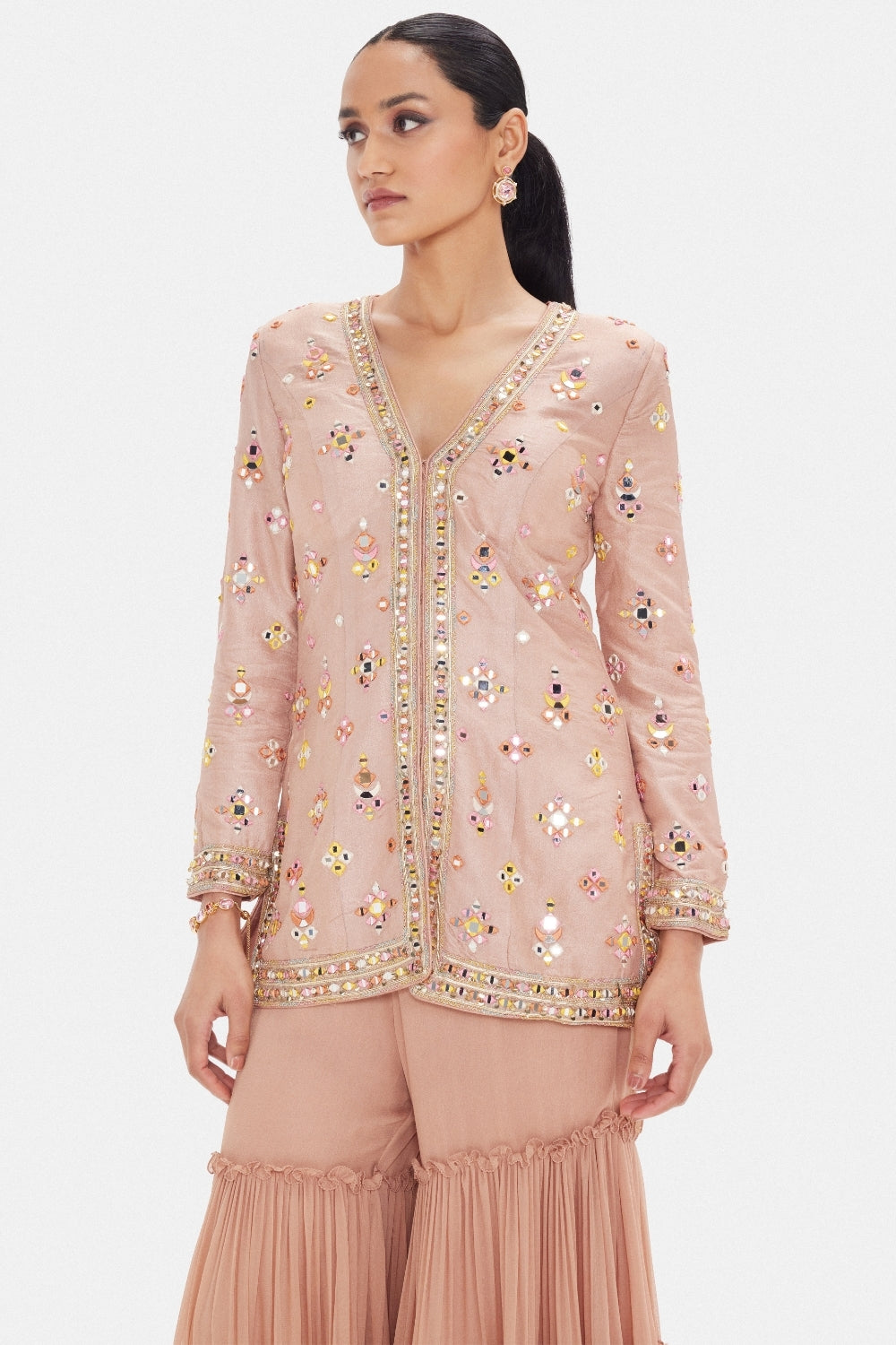 Peach Tissue Sharara Set with Cutdana and Mirror Work