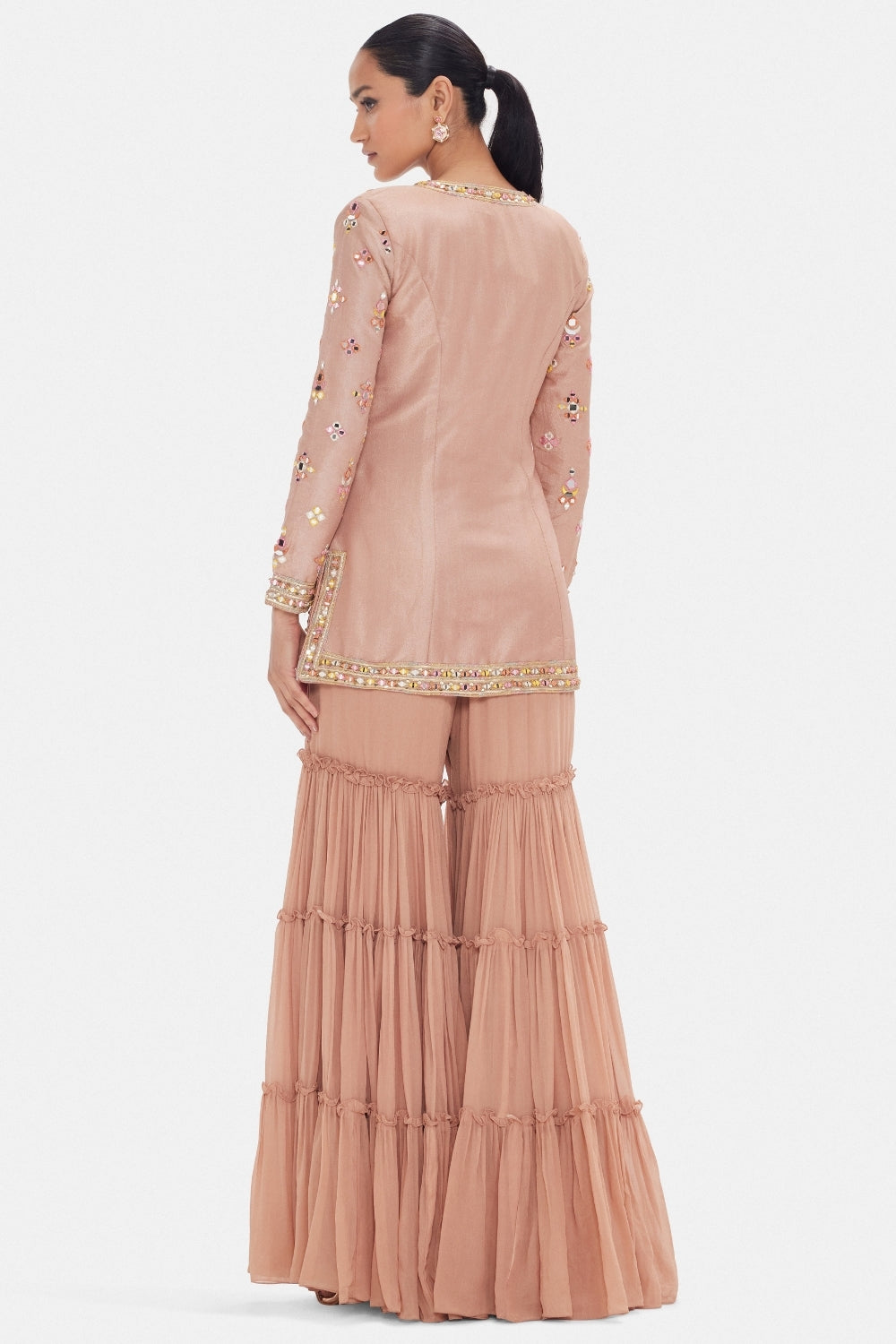 Peach Tissue Sharara Set with Cutdana and Mirror Work