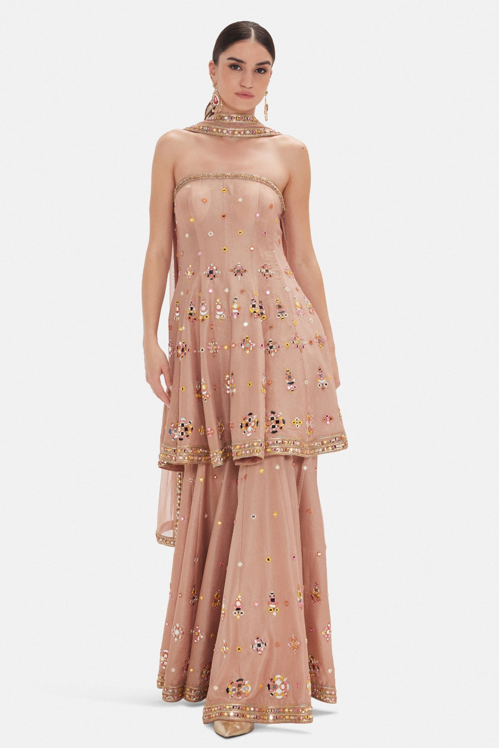 Peach Tissue Sharara Set with Mirror and Cutdana Work