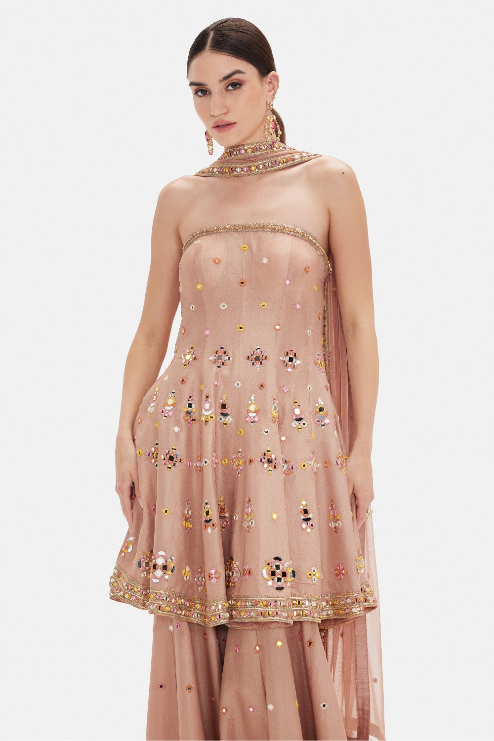 Peach Tissue Sharara Set with Mirror and Cutdana Work