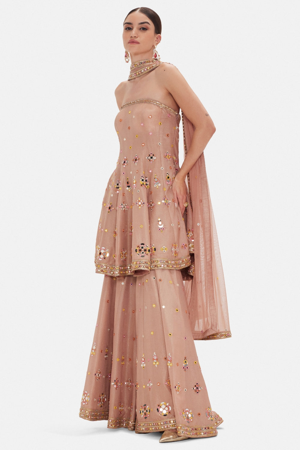 Peach Tissue Sharara Set with Mirror and Cutdana Work