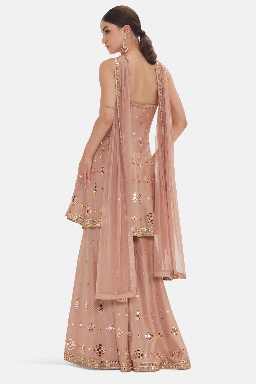 Peach Tissue Sharara Set with Mirror and Cutdana Work