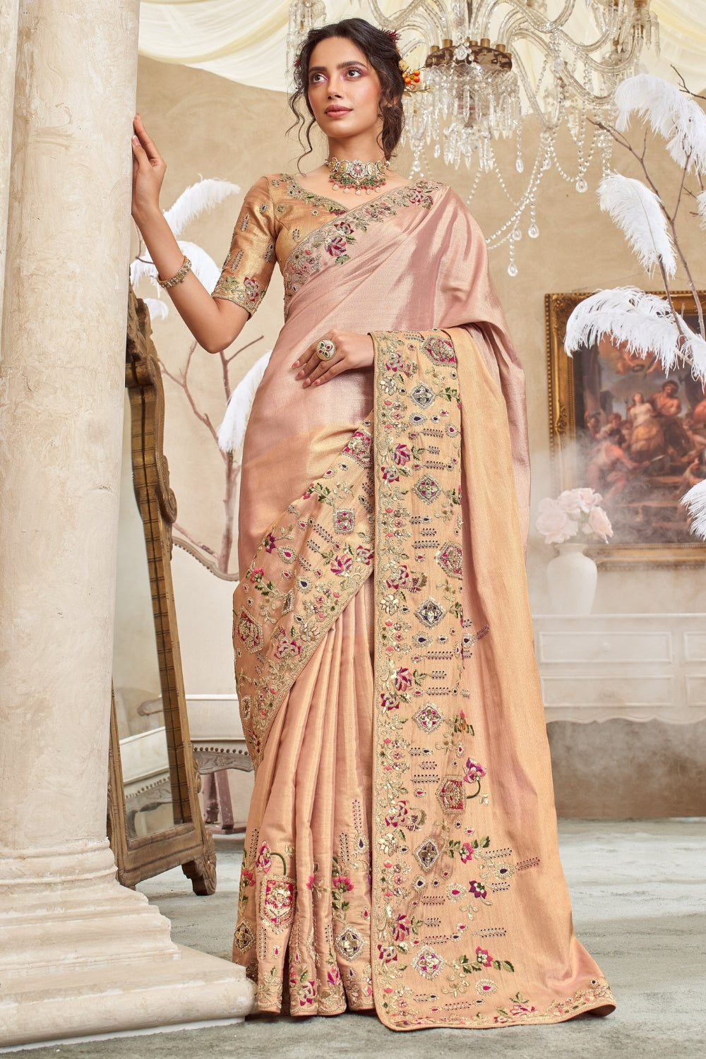 Peach Viscose Silk Saree with Rehsam Embroidery and Sequins Work