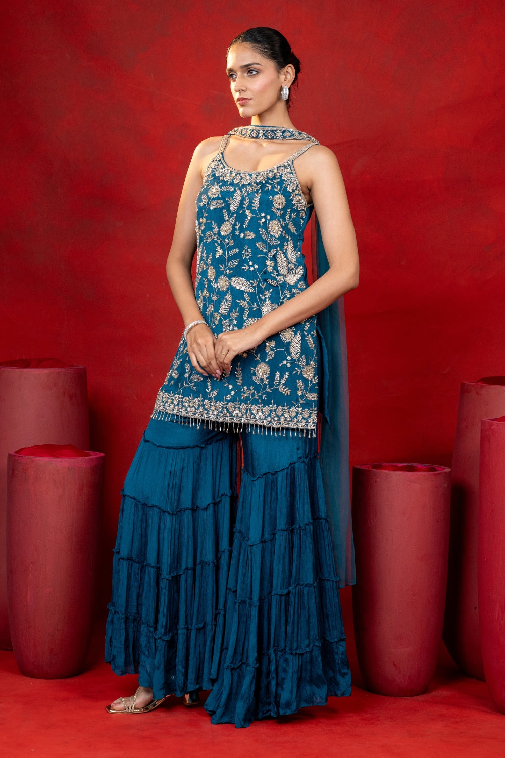 Peacock Blue Crepe Silk Suit Set with Sequins and Cutdana Work