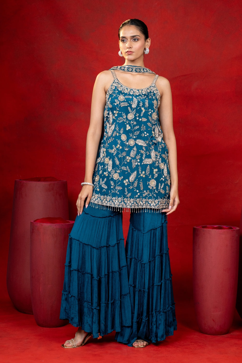 Peacock Blue Crepe Silk Suit Set with Sequins and Cutdana Work
