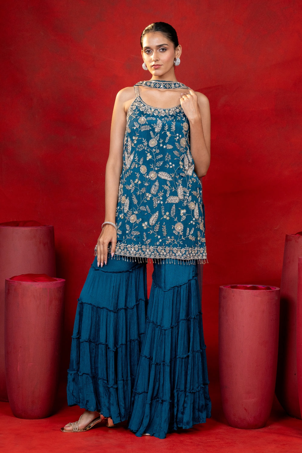 Peacock Blue Crepe Silk Suit Set with Sequins and Cutdana Work