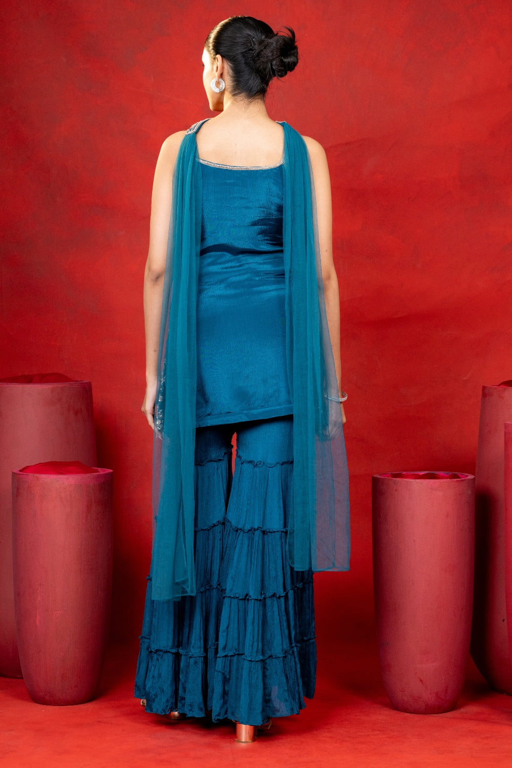 Peacock Blue Crepe Silk Suit Set with Sequins and Cutdana Work