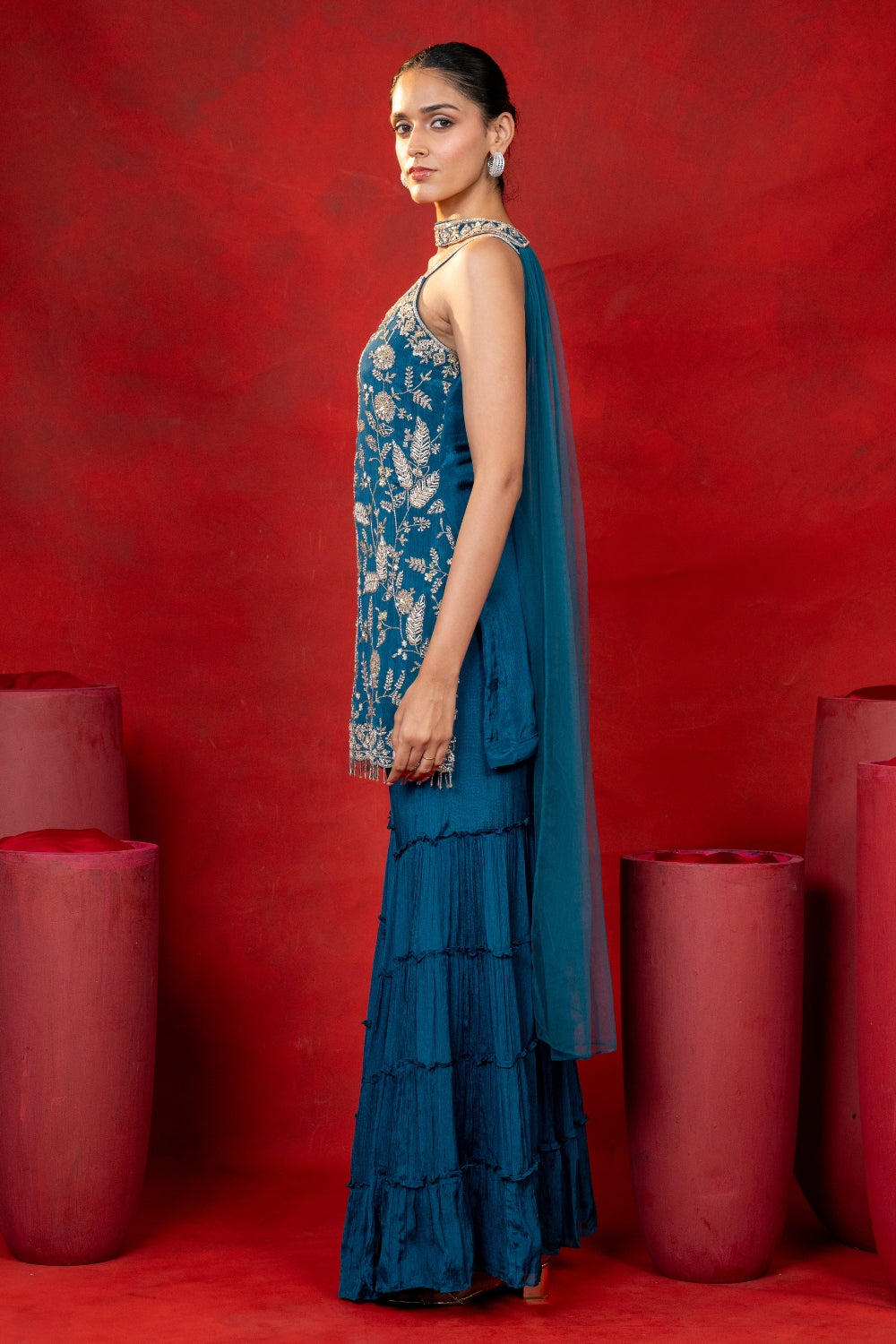 Peacock Blue Crepe Silk Suit Set with Sequins and Cutdana Work