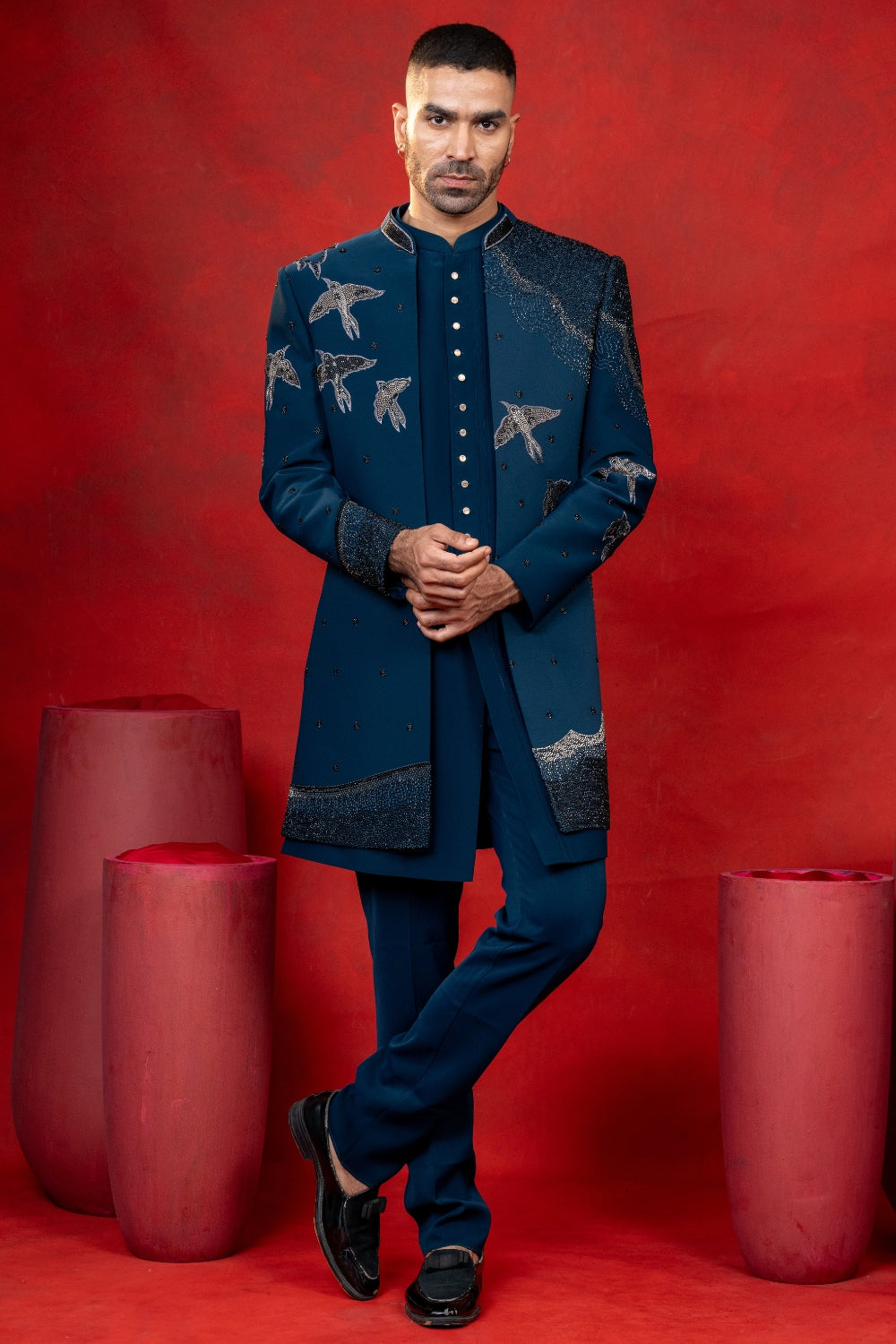 Peacock Blue Imported Indo Western with Cutdana Work