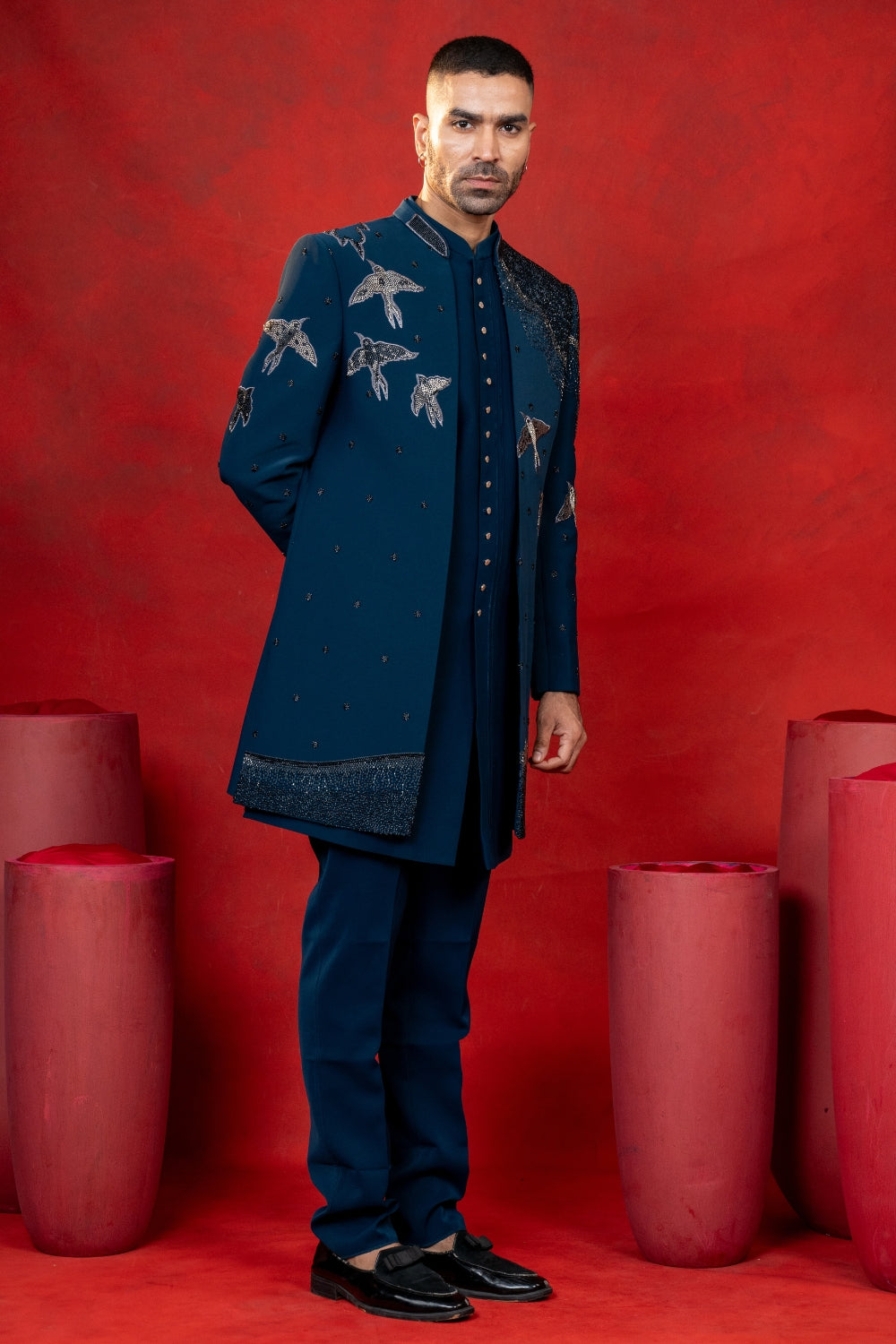 Peacock Blue Imported Indo Western with Cutdana Work