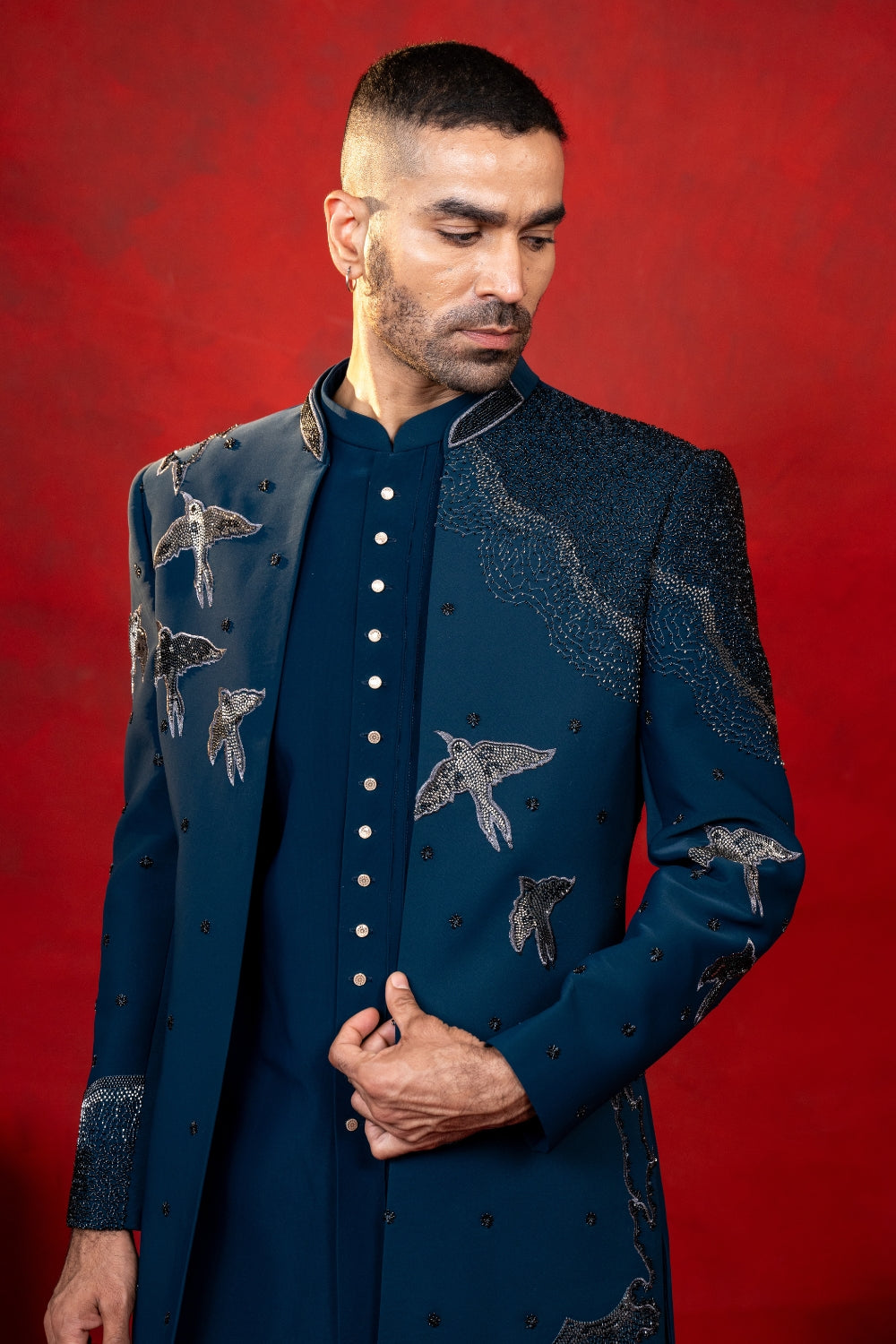 Peacock Blue Imported Indo Western with Cutdana Work