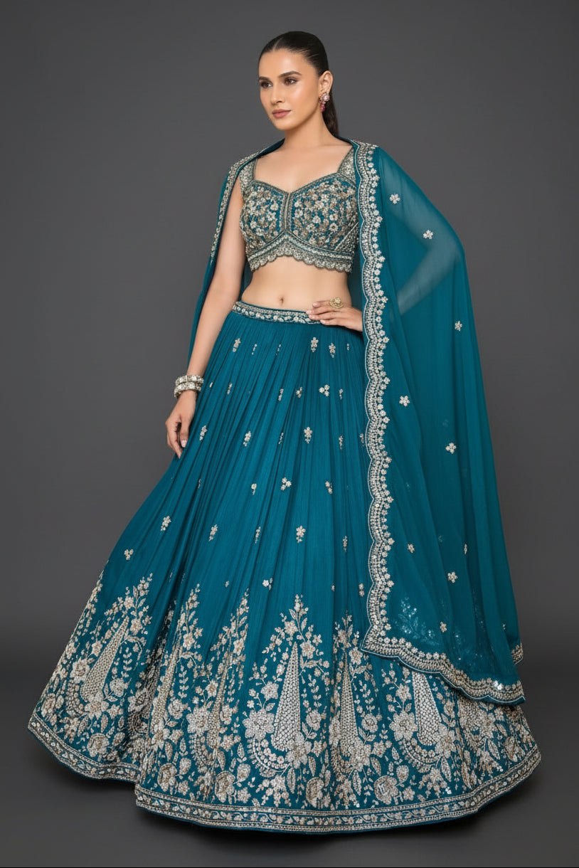 Peacock Blue Silk Lehenga Set with Sequins and Moti Work