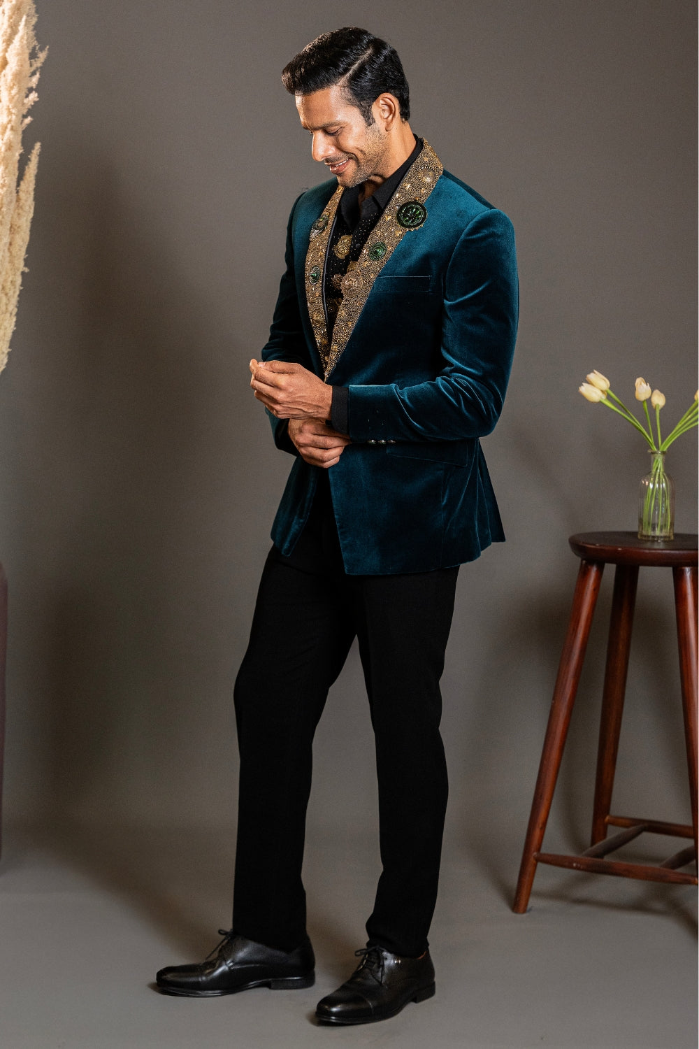 Peacock Blue Velvet Tuxedo with Cutdana and Moti Work