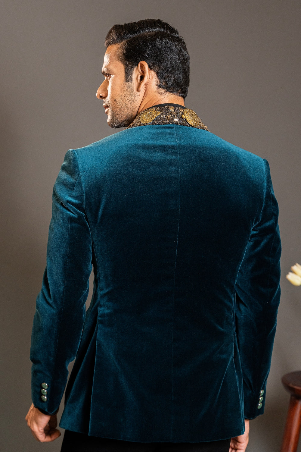 Peacock Blue Velvet Tuxedo with Cutdana and Moti Work