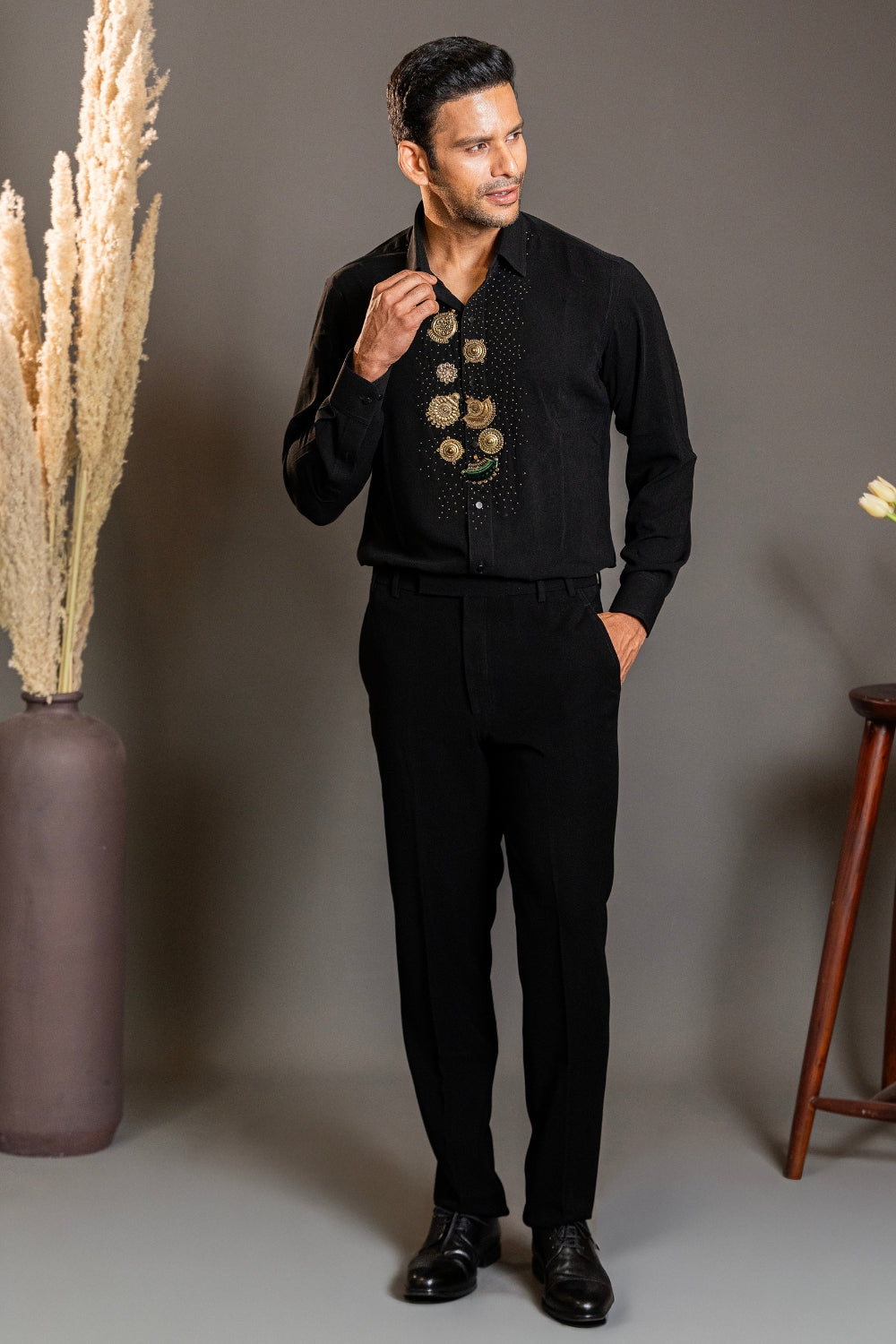 Peacock Blue Velvet Tuxedo with Cutdana and Moti Work